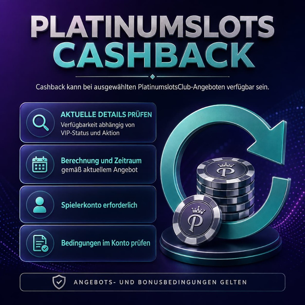 Platinumslots Cashback kann bei ausgewählten PlatinumslotsClub-Angeboten verfügbar sein. Verfügbarkeit abhängig von VIP-Status und Aktion. Bedingungen im Konto prüfen.