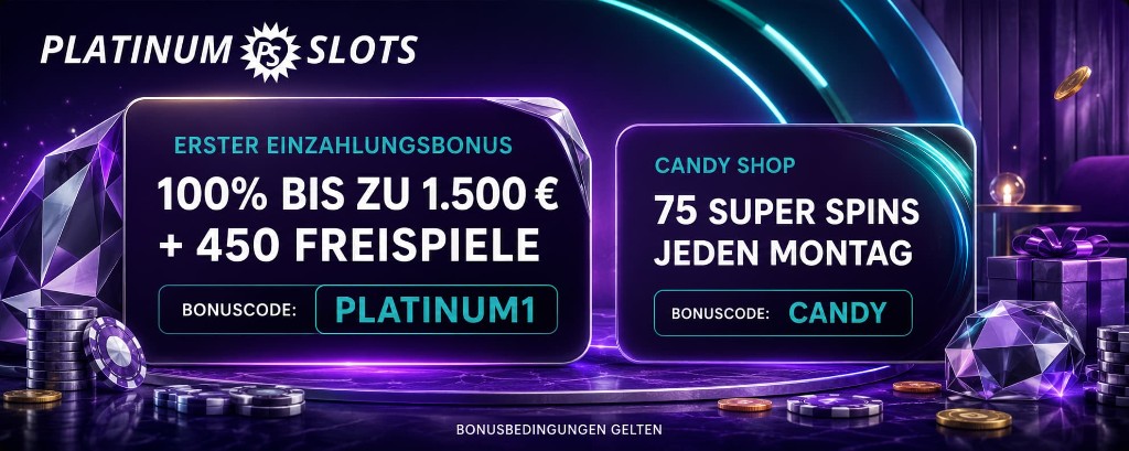 Aktuelle Platinumslots Aktionen: Erster Einzahlungsbonus 100 % bis zu 1.500 € plus 450 Freispiele mit Bonuscode PLATINUM1. Candy Shop mit 75 Super Spins jeden Montag, Bonuscode CANDY.
