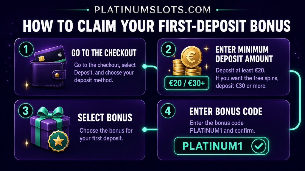 Willkommensbonus der Ersteinzahlung einlösen: Kasse öffnen, Mindesteinzahlung wählen, Bonus auswählen und Code PLATINUM1 eingeben