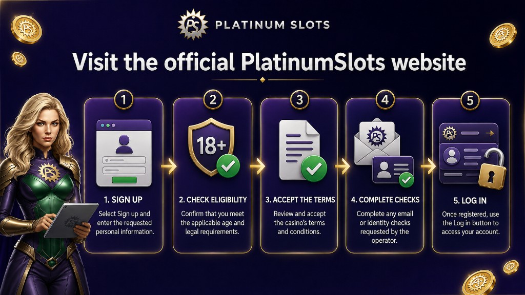 Registrierung bei Platinum Slots: Website besuchen, Sign up, Berechtigung prüfen, AGB akzeptieren, Überprüfungen abschließen und anmelden